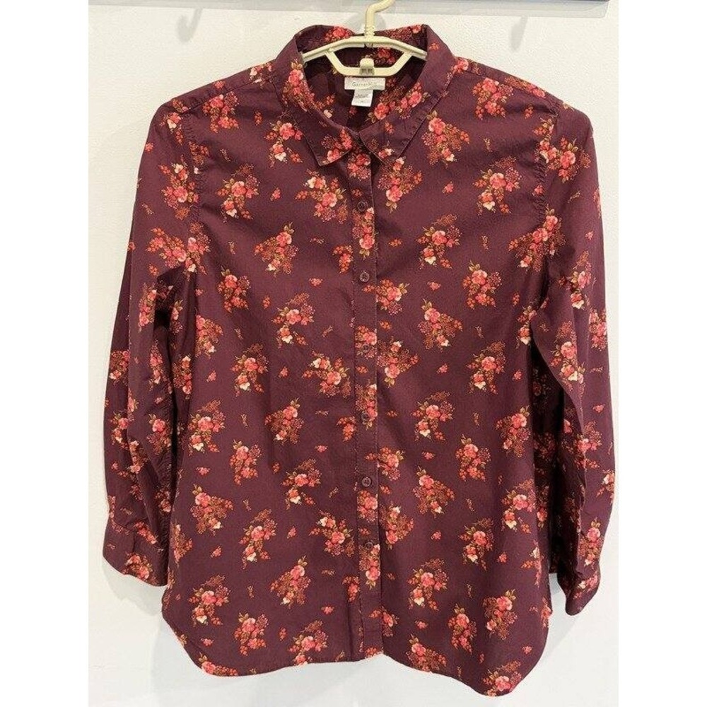 Garnet Hill Wine Burgundy Floral Print Long Sleeve Button Front Organic Cotton L